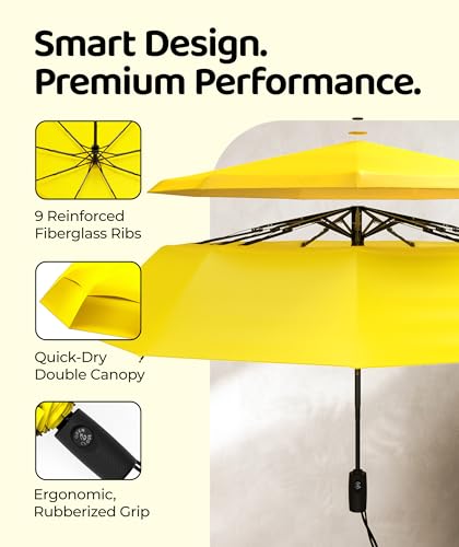 Windproof Travel Umbrella - Compact & Withstands Winds up to 100MPH, Strongest Premium Auto Folding Umbrella for Rain and Sun - Durable, Light & Portable for Women & Men, Fits Backpack & Cars - color: Yellow 1-Pack