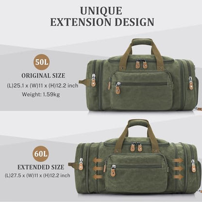 Gonex Canvas Duffle Bag, Expandable 60L Travel Overnight Weekender Bag - color: Army Green, size: X-Large-60L (With Shoe Compartment)