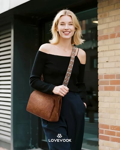 LOVEVOOK Leather Crossbody Bags for Women, Small Travel Purses with 2Pcs Adjustable Strap, RFID Anti Theft - color: Embossed-brown, size: 11.5''-Small-2Pcs