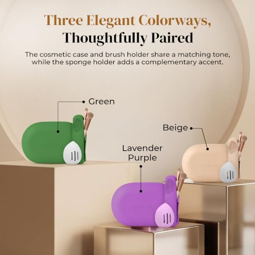 Silicone Makeup Bag Set - Cosmetic Pouch, Brush Holder, Beauty Sponge Case - color: Green