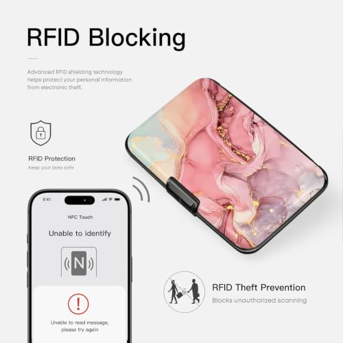 RFID Aluminum Card Wallet Marble Credit Card Holder Mini Business Card Case - color: Pink Marble