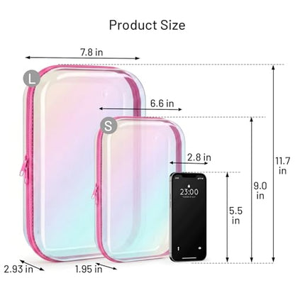 Clear Hard Shell Zipper Organizer Cases, 2 Pack, Iridescent - color: Pink Iridescent