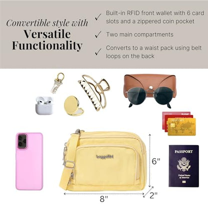 Baggallini Triple Zip with Front Wallet/Trifecta RFID Wallet Crossbody - color: Butter Yellow