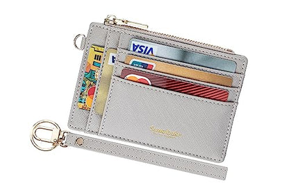 Wikavanli Women Slim Rfid Blocking Credit Card Case Holder Wristlet Zip ID Case Wallet Small Compact Leather Wallet Coin Purse with Keychain (Light Gray) - color: Light Gray