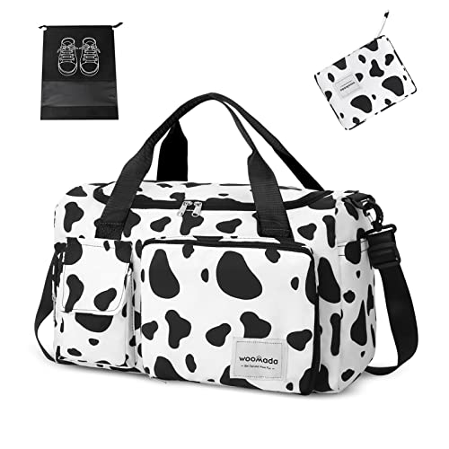 WOOMADA Foldable Travel Duffel Bag with Shoes Compartment, Overnight Bag with Wet Pocket & Trolley Sleeve, Weekender Bags for Women (cow) - color: cow
