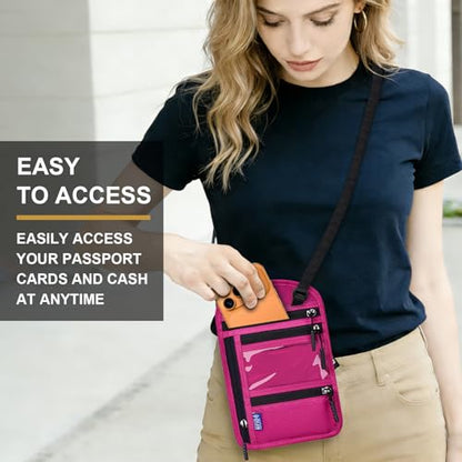 Passport Holder for Travel-RFID Blocking Neck Wallet-Money Pouch - color: Magenta