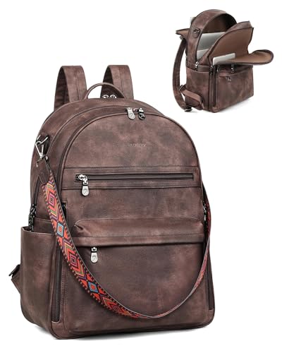 FADEON 15.6 Inch Laptop Backpack Purse for Women, Large Capacity - color: Coffee Brown Retro Style
