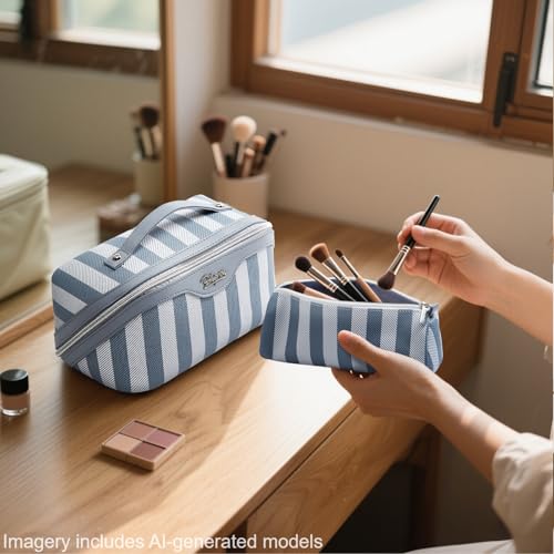 BOYATU Travel Makeup Bag for Women: 3 Pcs Set Striped Make up Bag,Blue - color: A-1-Blue