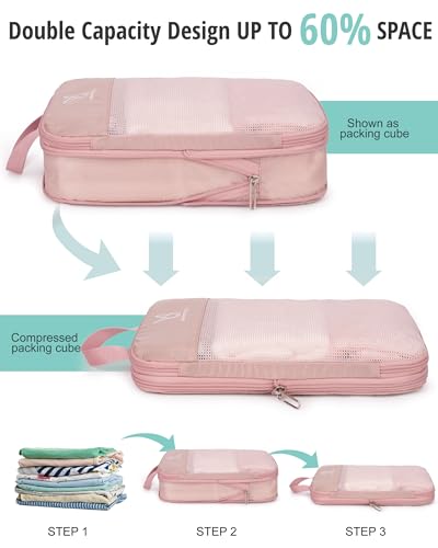 6/8 Set Space Saving Compression Packing Cubes Lightweight Packing Cube - color: Pink, size: 6 Pcs(XL,L,M*2,S,laundry bag)