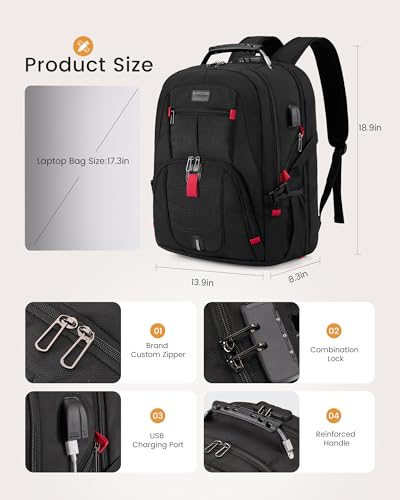 LOVEVOOK Large Laptop Backpack for Men,17.3Inch Heavy Duty Travel Backpack - color: Black, size: 17 inch
