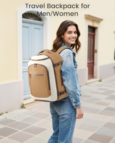 LOVEVOOK 40L Travel Backpack for Women & Men, Airline Approved Carry On Bag - color: Camel/Off-white, size: Large-40L