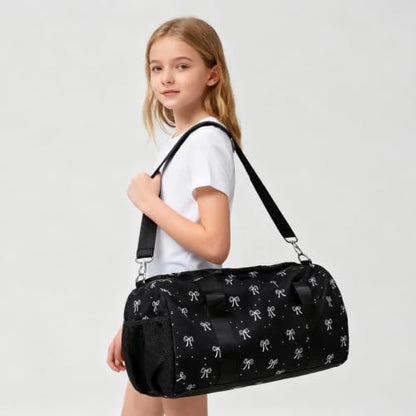 Kimwadalh Travel Duffle Bag with Wet & Shoe Compartments for Girls Women - color: Bow Black