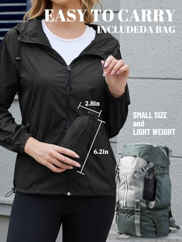 PITINAN Women's Rain Jacket Packable with Hood Lightweight Travel XS-3XL - color: Black, size: Medium