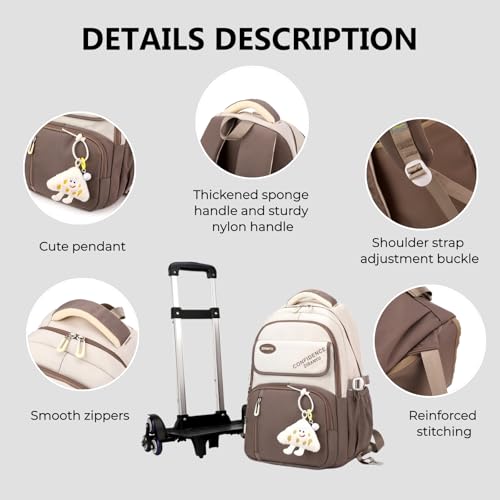 Rolling Backpack with 6 Wheels for Girls Boys, Kids Roller Book Bag for Elementary Middle School Wheeled Bag for Travel with Cute Pendant - color: 6 Wheels-275#grey