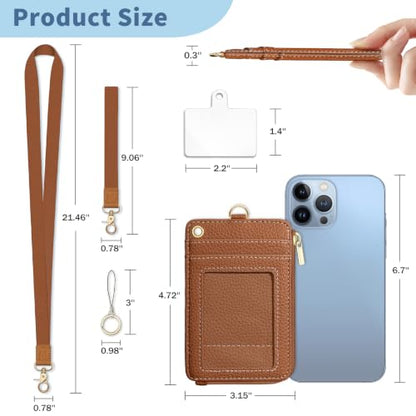 Brown Lanyard Wallet with Id Badge Holder Keychain for Card Women - color: Solid-caramel