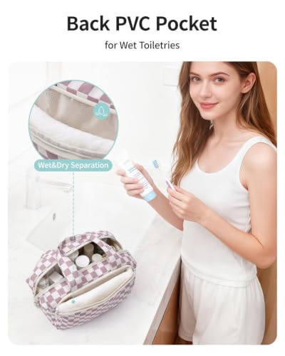 Narwey Travel Toiletry Bag for Women, Large Makeup Cosmetic Organizer Bag - color: Dusty Pink Checkerboard