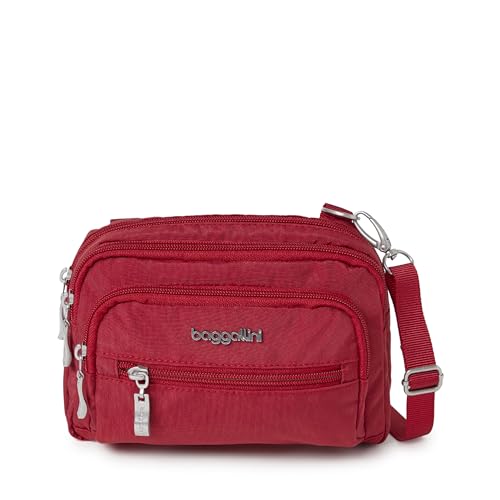 Baggallini Triple Zip Small Crossbody Bag for Women - Lightweight Convertible Fanny Pack Belt Bag - color: Apple, style: Slim Strap