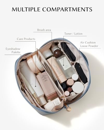 EACHY Travel Makeup Bag for Women, Flat Open Cosmetic Bag, Blue, Medium - color: A - Blue, size: Medium