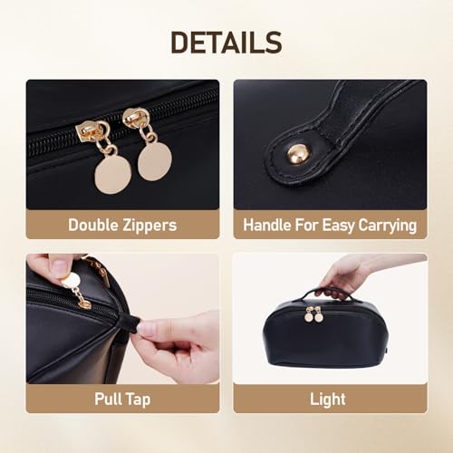 Large Capacity Cosmetic Bag for Women, Waterproof PU Leather Makeup Bag for Travel,Toiletry Bag Make up Organizer with Divider and Handle (Black) - color: Black