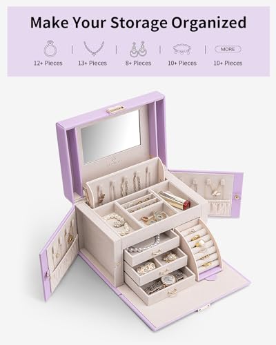 VLANDO Jewelry Box Organizer with Mirror and 3 Drawers,Purple - color: Purple