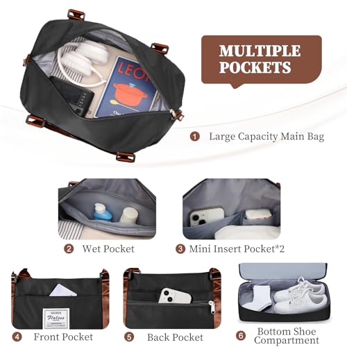 Weekender Bags for Women, Personal Item Travel Bag with Shoes Compartment - color: Black & Brown, size: Medium