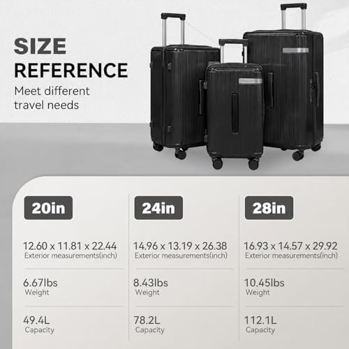 3 Piece Luggage Set with Spinner Wheels Cup Holder, Black - color: Black