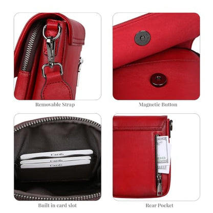 HESHE Small Leather Crossbody Bag for Women RFID Phone Purse with Card Slot - color: Red