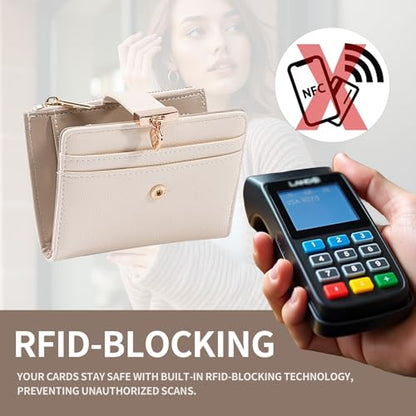 Pomelo Best Wallet Women Bifold Leather Wallets for Women Credit Card Holder with ID Window Zipper Coin Pocket Pudding White - color: Pudding White