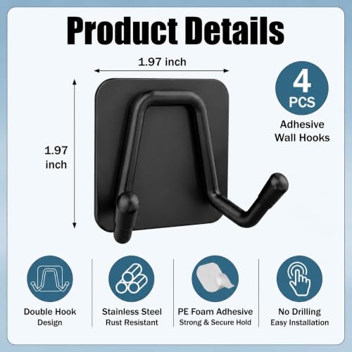 Adhesive Hooks - 4 Pack Heavy Duty Adhesive Wall Hooks, Self Adhesive Double Coat Hooks for Hanging Towels, Robes, Hats, Bags in Bathroom, Kitchen, Bedroom
