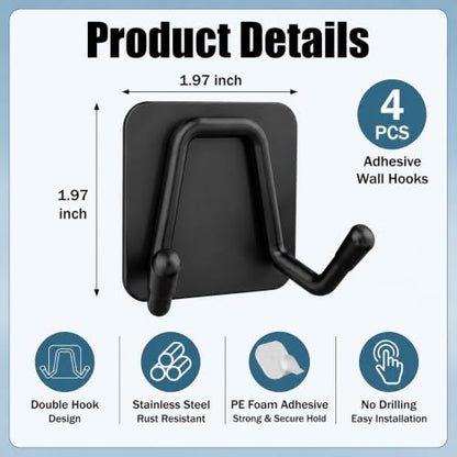 Adhesive Hooks - 4 Pack Heavy Duty Adhesive Wall Hooks, Self Adhesive Double Coat Hooks for Hanging Towels, Robes, Hats, Bags in Bathroom, Kitchen, Bedroom
