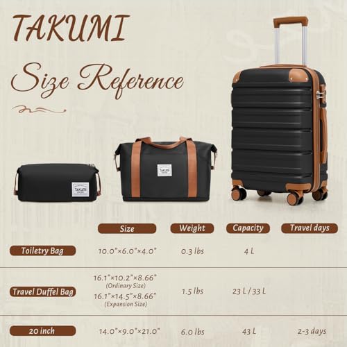 TAKUMI Luggage Sets, Hardside Suitcases with Wheels, Black Brown, 3 Piece - color: BLACK BROWN, size: 3 Piece Set(DB)