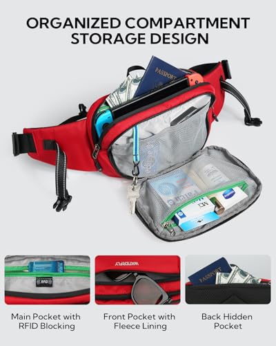 WATERFLY Fanny Pack Waist Bag: 3L Large RFID Anti-Theft for Travel - color: Red