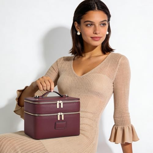 HiTotes Large Makeup Bag Duo Vanity Case for Women Leather Makeup Case Travel Toiletry Bag Portable Double Layer Cosmetic Bag - color: Burgundy