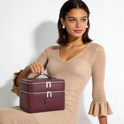 HiTotes Large Makeup Bag Duo Vanity Case for Women Leather Makeup Case Travel Toiletry Bag Portable Double Layer Cosmetic Bag - color: Burgundy