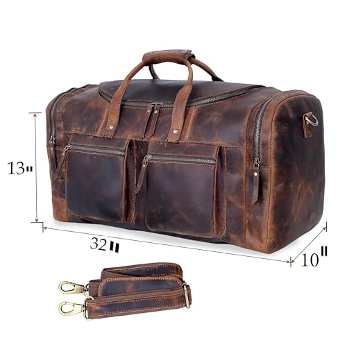 32" Vintage Duffel Classic Style with Modern Outlook Retro Thick Full Grain Cowhide Handmade Airplane Under seat Carry On Bags Leather Gym Overnight Luggage Bag - size: 32 inch