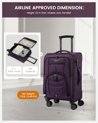 Carry On Luggage 22x14x9 Airline Approved with TSA Lock for Business Trip - color: Purple, size: 22 Inch - Carry-On