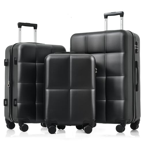 Hardshell Luggage Sets, Lightweight Stripes Suitcases with Spinner Wheels, Black Black - color: Black Black, size: 20/24/28 Inch