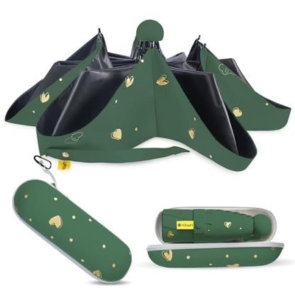 Mini Travel Umbrella, UPF 50+ Purse Umbrella with Case and Carabiner - color: Dark green