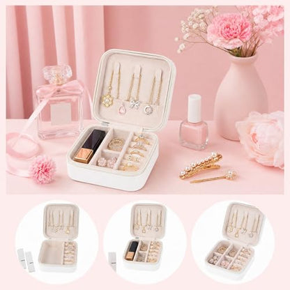 16 Pcs Mini Travel Jewelry Case, PU Leather Jewelry Box Organizer, Small Portable Earring Storage Box for Women, White
