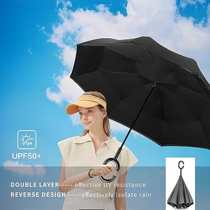 SIEPASA 49/56 Inch Inverted Reverse Upside Down Umbrella, Extra Large Double Canopy Vented Windproof Waterproof Stick Golf Umbrellas with C-shape Handle. - color: Black, size: 49 Inch
