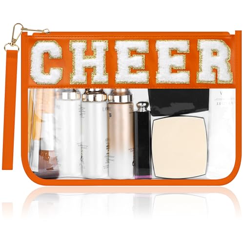 BuyCard Cheer Chenille Letter Bags Clear Makeup Bag, Cheerleader Gifts Cosmetic Bag, Varsity Preppy Patch Flat Pouch Cheer Accessories, Waterproof PVC Organizer Toiletry Bag for Women Girls Orange - color: Orange-Cheer