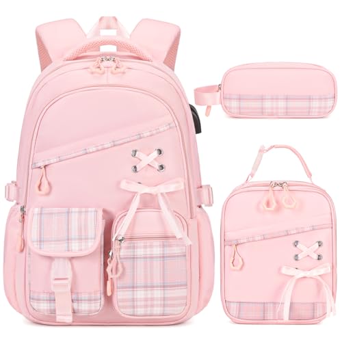 DIGOBAY Backpacks for Girls 3PCS School Backpack Lunch Box Pencil Pouch - color: Pinkplaid