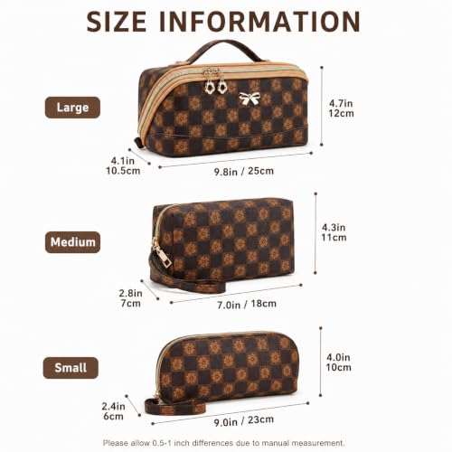 YTL Makeup Bag Travel Cosmetic Bag PU Leather Toiletry Case Pouch for Women - color: Checked Coffee