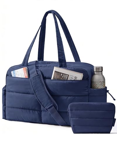 BAGSMART Gym Bag for Women, 2-PC Puffer Travel Duffle Bag Carry On Tote Bag - color: Navy Blue