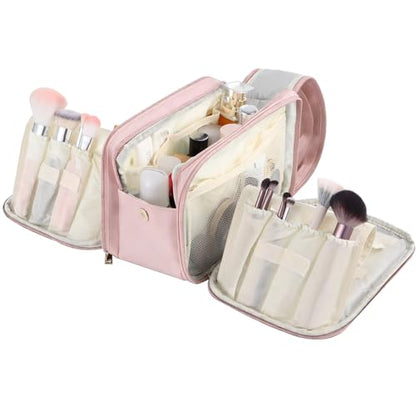 Travel Makeup Bag for Women, Large Capacity Cosmetic Organizer, Multi-Layer Toiletry Bag with Handle, Waterproof PU Leather Portable Makeup Zippered Case with Standing Brush Holder