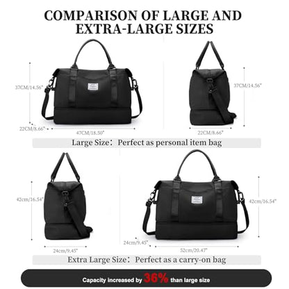 Weekender Bags for Women,Personal Item Travel Bag with Shoes Compartment - color: Black with BlackGray Toiletry Bag, size: Extra Large
