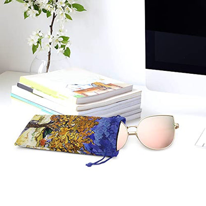 WIRESTER Set of 3 Polyester Sunglasses Pouch, Eyeglasses Soft Case with Drawstring Closure - color: Mulberry, Irises, Vase With Pink Roses Van Gogh