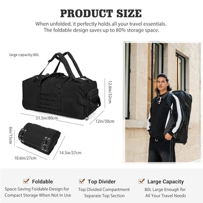 Duffle Bag Travel Luggage with Wheels: Large Rolling Backpack Foldable Carry On roller for Traveling - Weekender Overnight Personal Items Duffel Bag for Men and Women 80L (Black) - color: Black