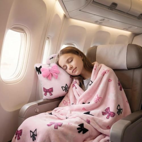 3-in-1 Kids Travel Blanket and Pillow Set - color: Pink Bow