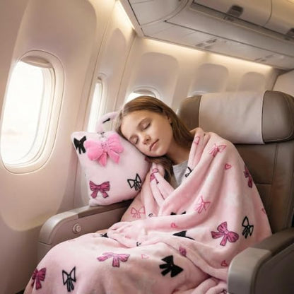 3-in-1 Kids Travel Blanket and Pillow Set - color: Pink Bow